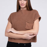 Mock Neck Short Sleeve Cropped Sweater, Zenana