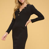 Cotton Rib Knit Midi Bodycon Dress with Buttons, Renee C