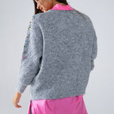 Q2- V-neck Cardigan With Multicolor Embroidered Sequin in Gray