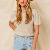 Puff Sleeve Round Neck Texture Sweater Top, Gilli