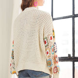 ADORA Plus Size Contrast Crochet Open Front Long Sleeve Cardigan