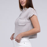 Mock Neck Short Sleeve Cropped Sweater, Zenana