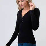 Hashttag - Ribbed Henley Long Sleeve Top
