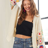 ADORA Plus Size Contrast Crochet Open Front Long Sleeve Cardigan