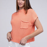 Mock Neck Short Sleeve Cropped Sweater, Zenana