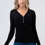 Hashttag - Ribbed Henley Long Sleeve Top