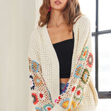 ADORA Plus Size Contrast Crochet Open Front Long Sleeve Cardigan