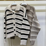 MILIO MILANO - STRIPE HOLE KNIT COLLARED CADIGAN