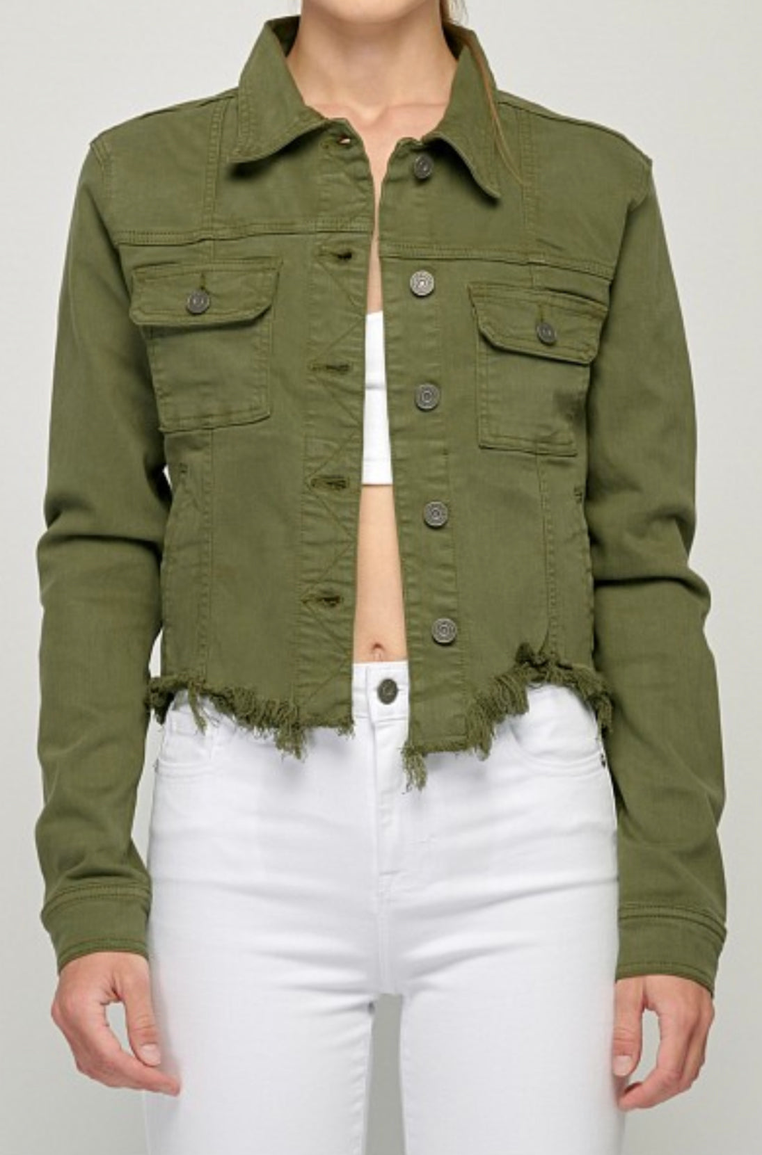 Military Olive Frayed Cropped Fitted Jacket by Hidden Jurisdiction Clothing