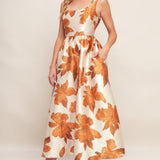 AUTUMNAL FLORAL WOVEN MIDI DRESS, Flying Tomato
