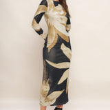 ABSTRACT BOTANICA POWER MESH MIDI DRESS, Flying Tomato