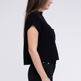 Mock Neck Short Sleeve Cropped Sweater, Zenana