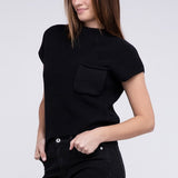 Mock Neck Short Sleeve Cropped Sweater, Zenana