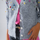 Q2- V-neck Cardigan With Multicolor Embroidered Sequin in Gray