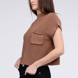 Mock Neck Short Sleeve Cropped Sweater, Zenana