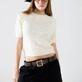 Q2- Cream short sleeve sequin sweater