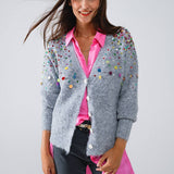 Q2- V-neck Cardigan With Multicolor Embroidered Sequin in Gray