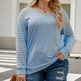Sheer Striped Sleeve V-Neck (Plus size only)