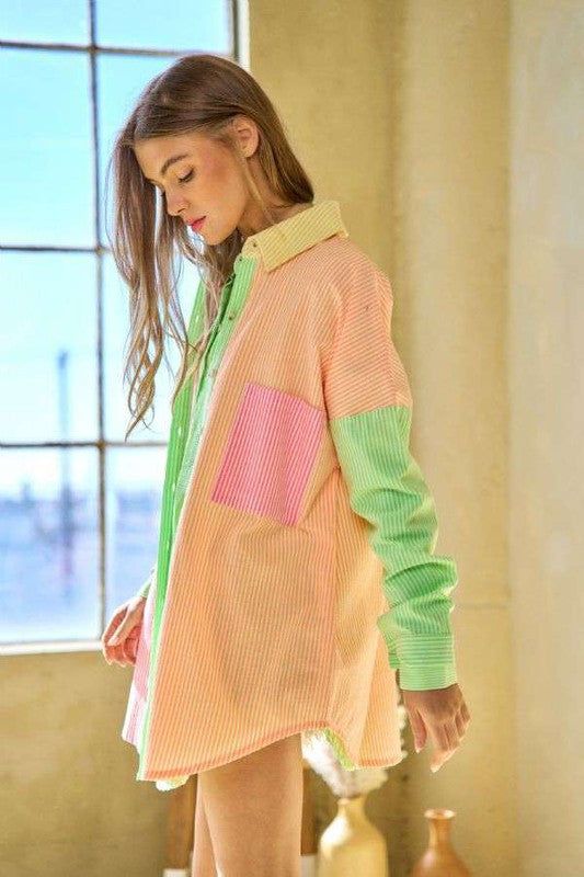 OVERSIZED MULTI COLOR STRIPE BUTTON DOWN, Davi & Dani