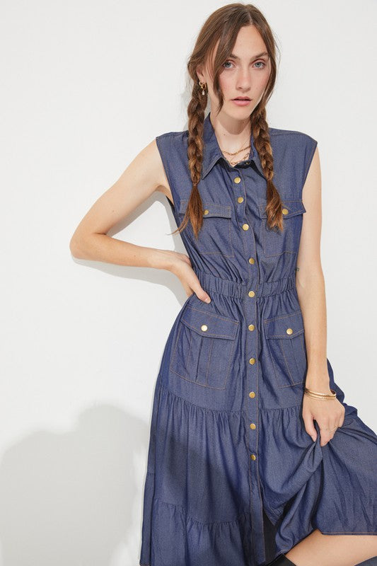 PLUS SLEEVELESS BUTTON DOWN COLLARED DENIM DRESS, Jade by Jane