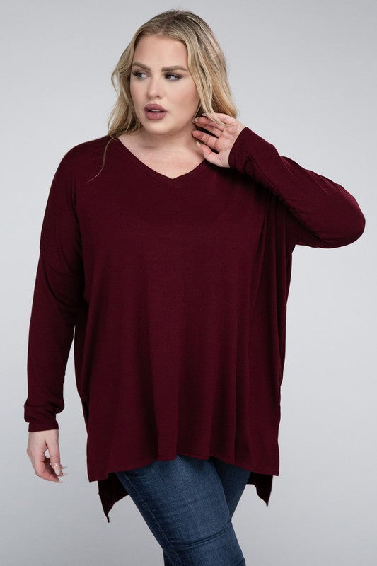 V-Neck Side Slit Hi-Low Hem Top, Various Colors, Zenana (Plus Only)