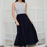 Moon River - STRIPE TANK SLEEVELESS MIXED MEDIA MIDI DRESS : IVORY