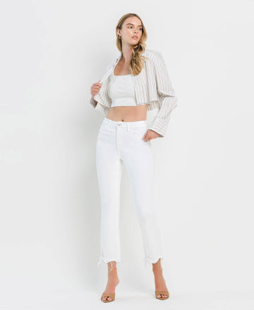VERVET by FLYING MONKEY - HIGH RISE UNEVEN RAW HEM CROP FLARE JEANS