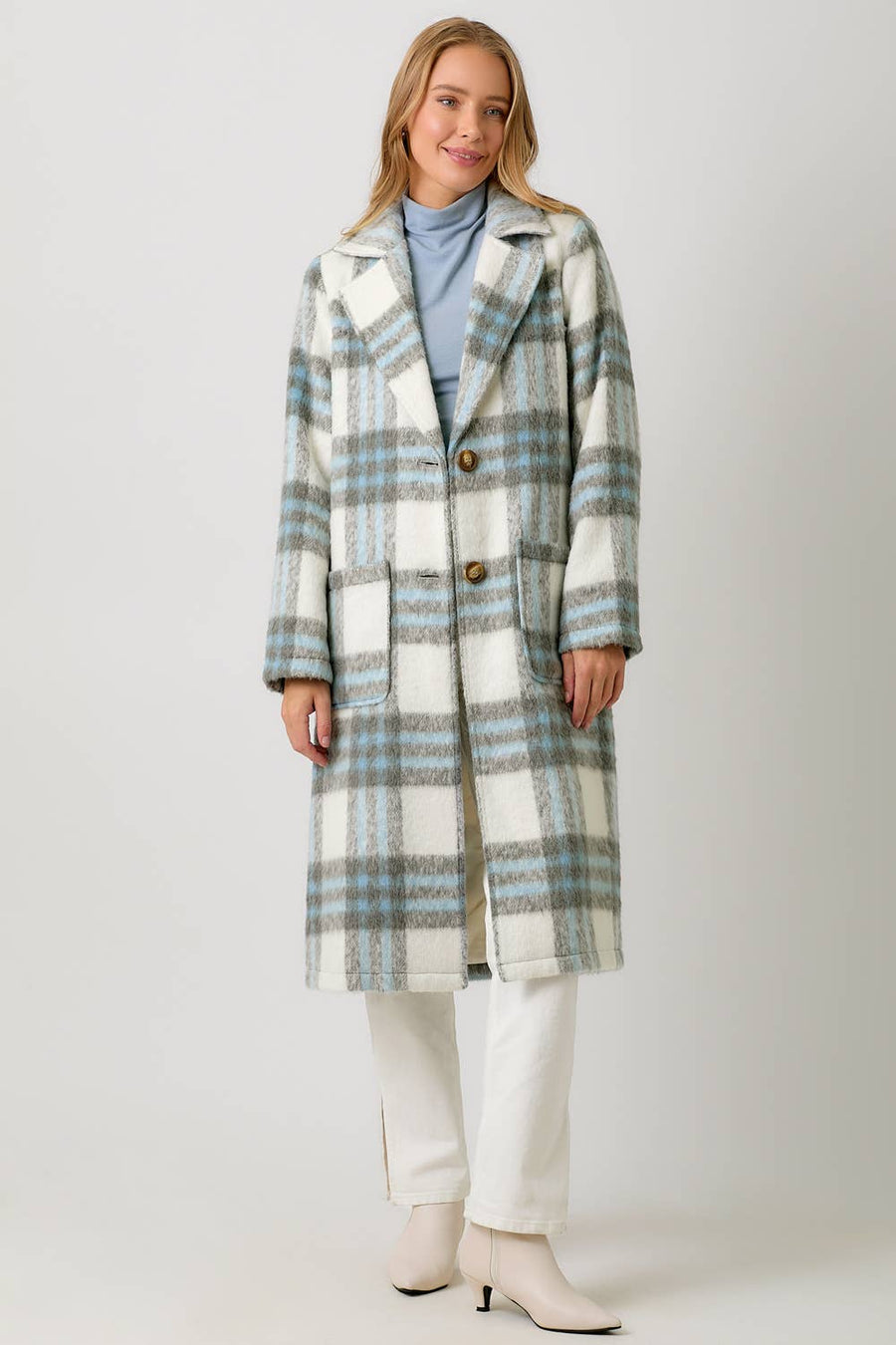 Mystree Fuzzy Plaid Long Coat