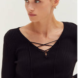 Tracey Lace Up Ribbed Knit Top, Crescent