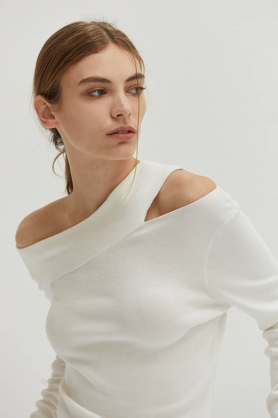 Crescent  Ingrid One Shoulder Rib Top (White)