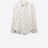 Q2 White Button-Up Shirt with Dog Print Pattern