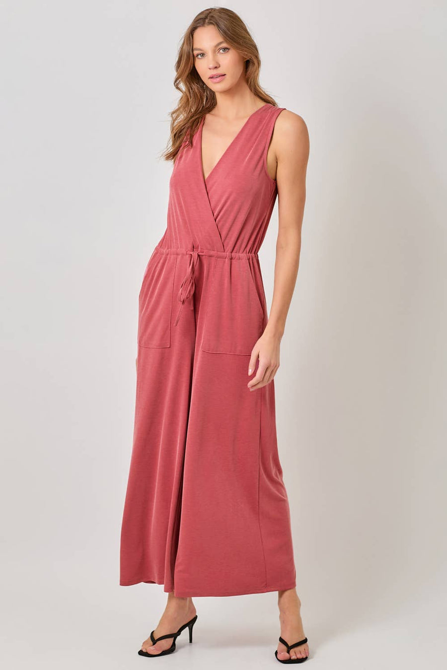 Mystree - Modal Ribbed Surplice Neck Jumpsuit