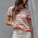 By Together Knit Sweater Multi Color Striped Short Sleeve