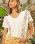 POL Inset Lace Outseam Detail Short Sleeve V-Neck T-Shirt