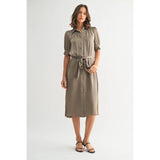 FUN2FUN - SATIN PLEATS DETAIL TIE WAIST SHIRT DRESS
