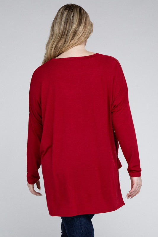 V-Neck Side Slit Hi-Low Hem Top, Various Colors, Zenana (Plus Only)