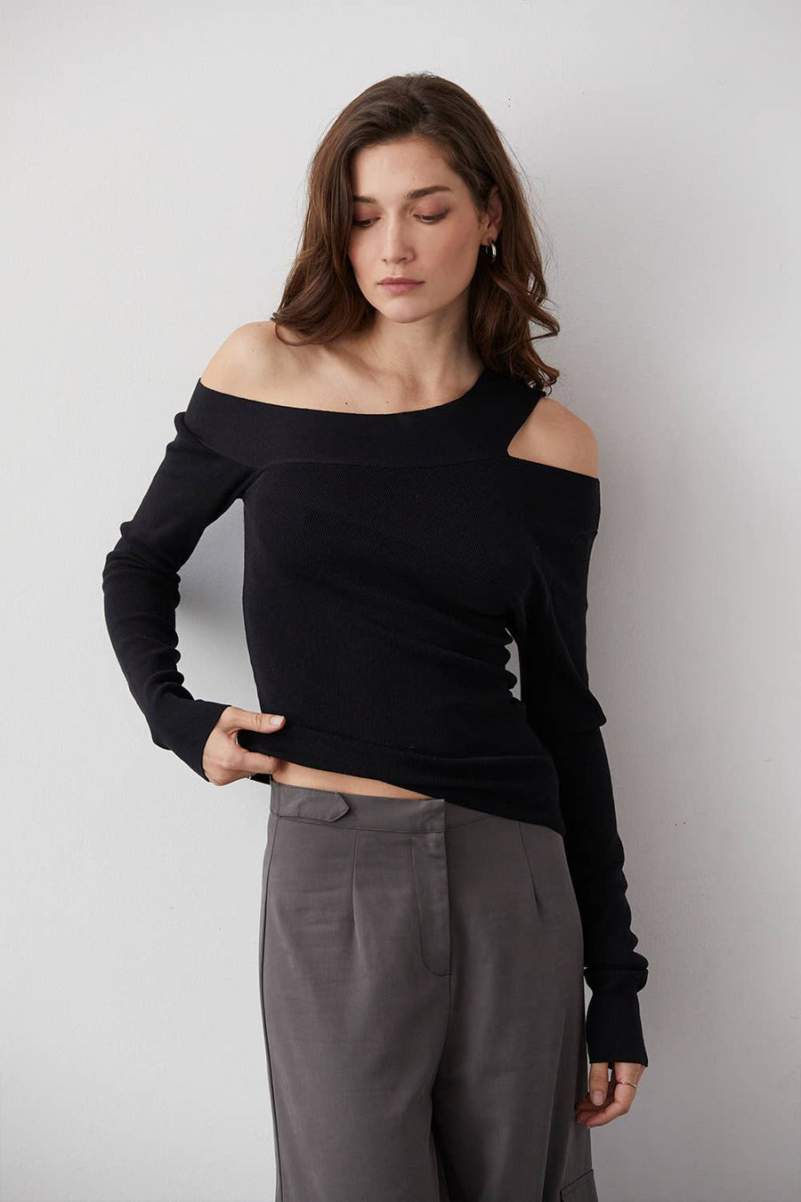 Crescent, Ingrid One Shoulder Rib Top (Black)