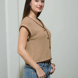 Moon River - CONTRAST STITCH CROCHET KNIT SHORT SLEEVE CARDIGAN