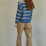 By Together -Knit Sweater Striped Collar V-Neck Long Sleeve Top
