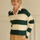 SKIES ARE BLUE - Striped Ribbed Knit Polo Shirt