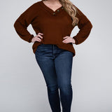 Brushed Waffle V-Neck Button Detail Sweater (Various colors), Zenana, Plus Only