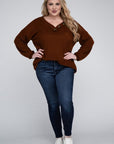 Brushed Waffle V-Neck Button Detail Sweater (Various colors), Zenana, Plus Only