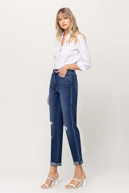 Distressed Double Cuffed stretch Mom Jeans, Flying Monkey