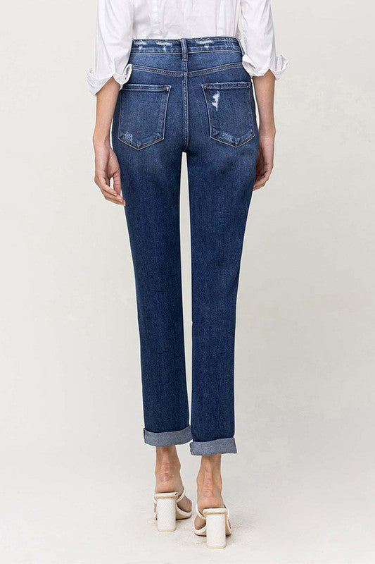 Distressed Double Cuffed stretch Mom Jeans, Flying Monkey