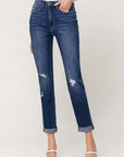 Distressed Double Cuffed stretch Mom Jeans, Flying Monkey