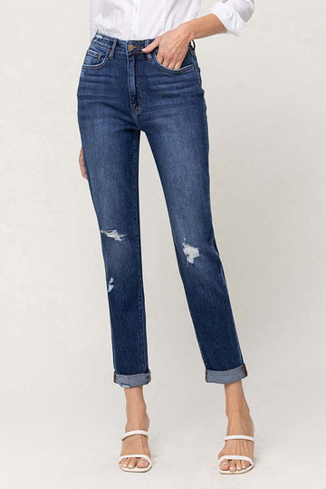 Distressed Double Cuffed stretch Mom Jeans, Flying Monkey