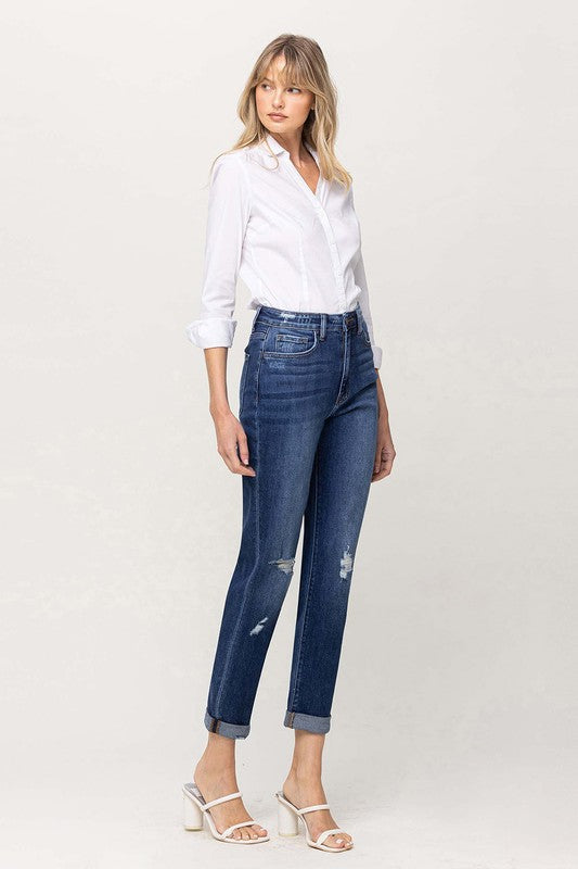 Distressed Double Cuffed stretch Mom Jeans, Flying Monkey