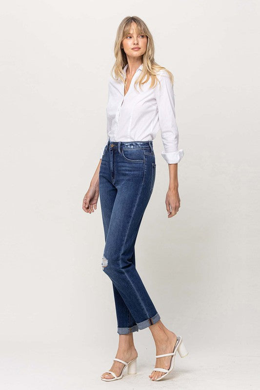 Distressed Double Cuffed stretch Mom Jeans, Flying Monkey