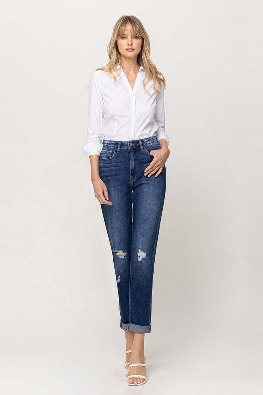 Distressed Double Cuffed stretch Mom Jeans, Flying Monkey