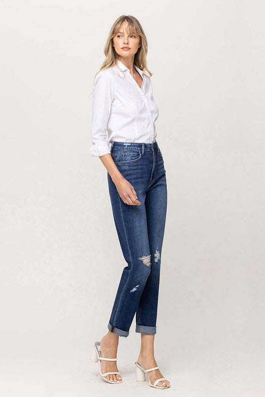 Distressed Double Cuffed stretch Mom Jeans, Flying Monkey